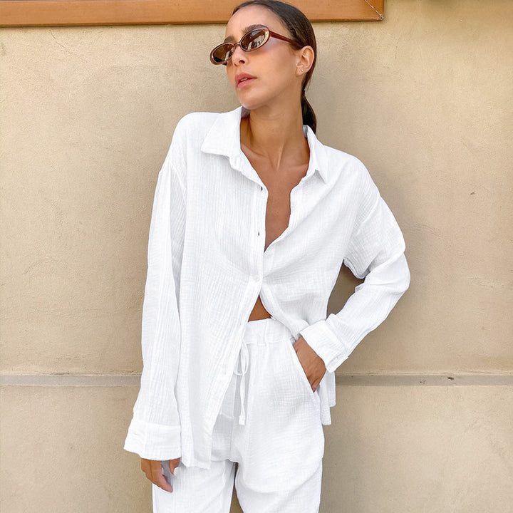 Women's Fashion Simple Solid Color Long-sleeved Trousers Two-piece Set