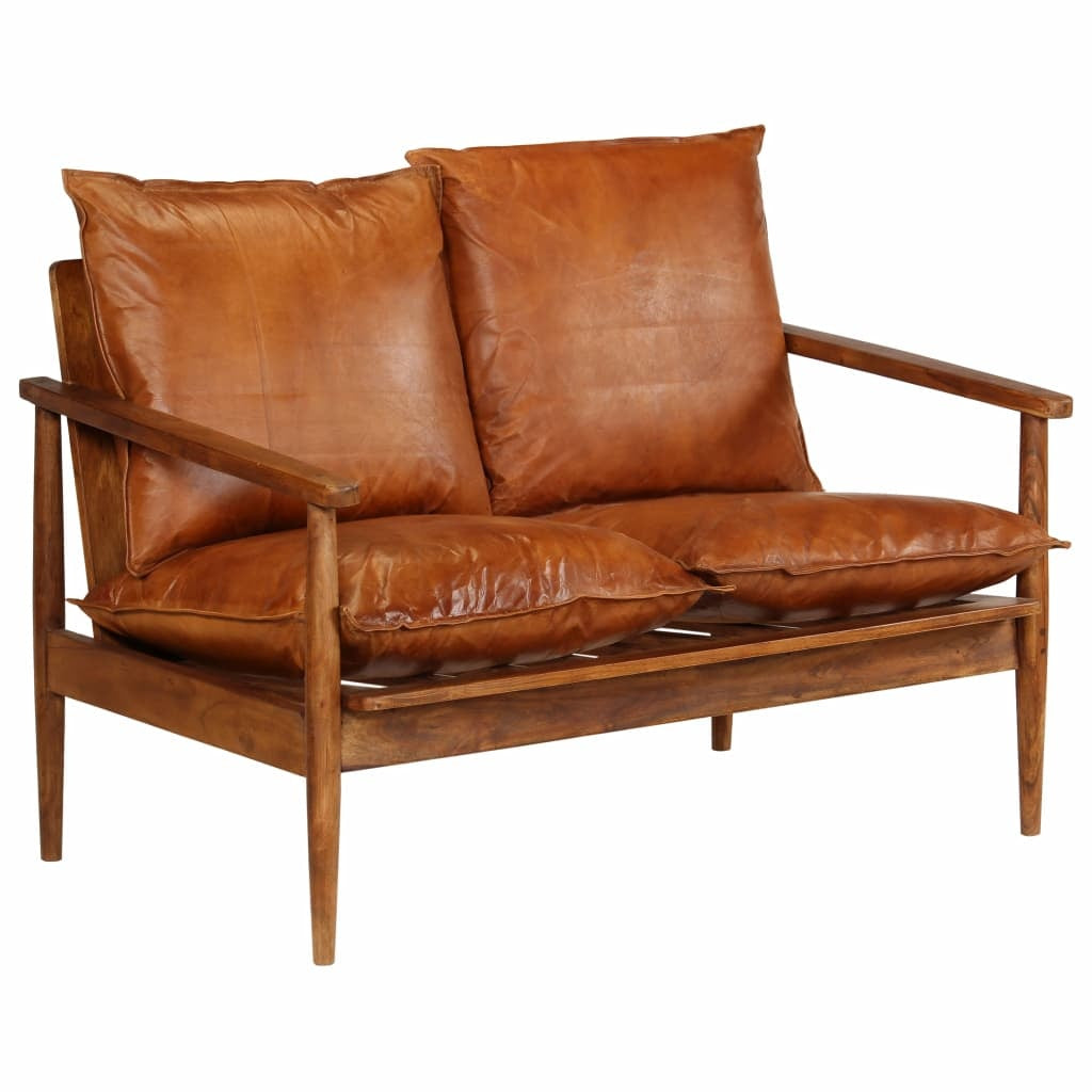 2-Seater Sofa Real Leather / Acacia Wood
