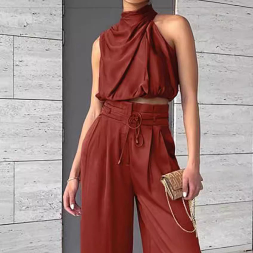 Sleeveless Suit Midriff-baring Top And Wide Leg Pants