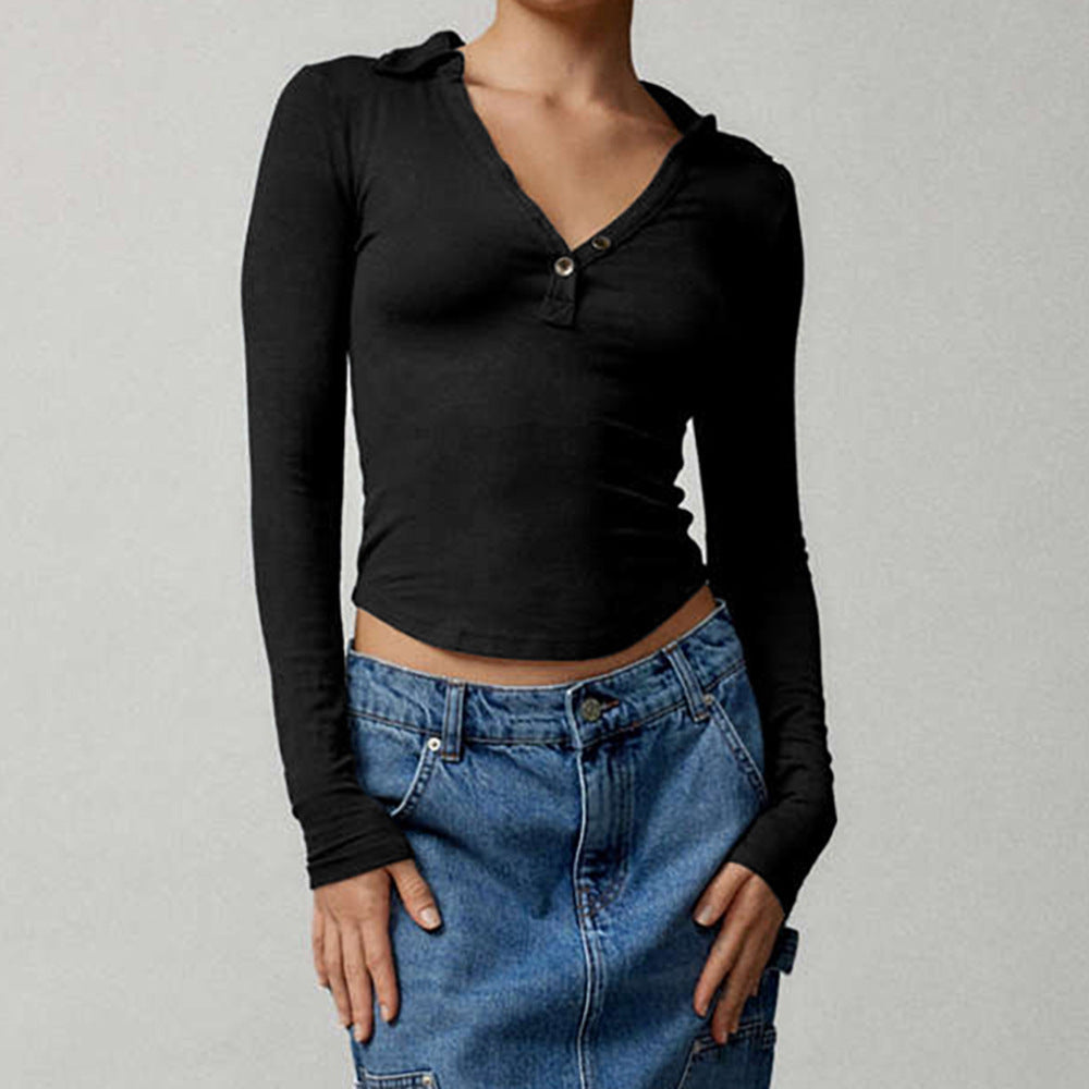 Women's Thread Polo Collar Long Sleeve Slim-fit Top