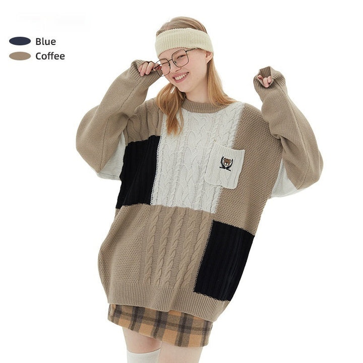 Color Matching Long Sleeve Round Neck Couple Wear Cable-knit Sweater Women