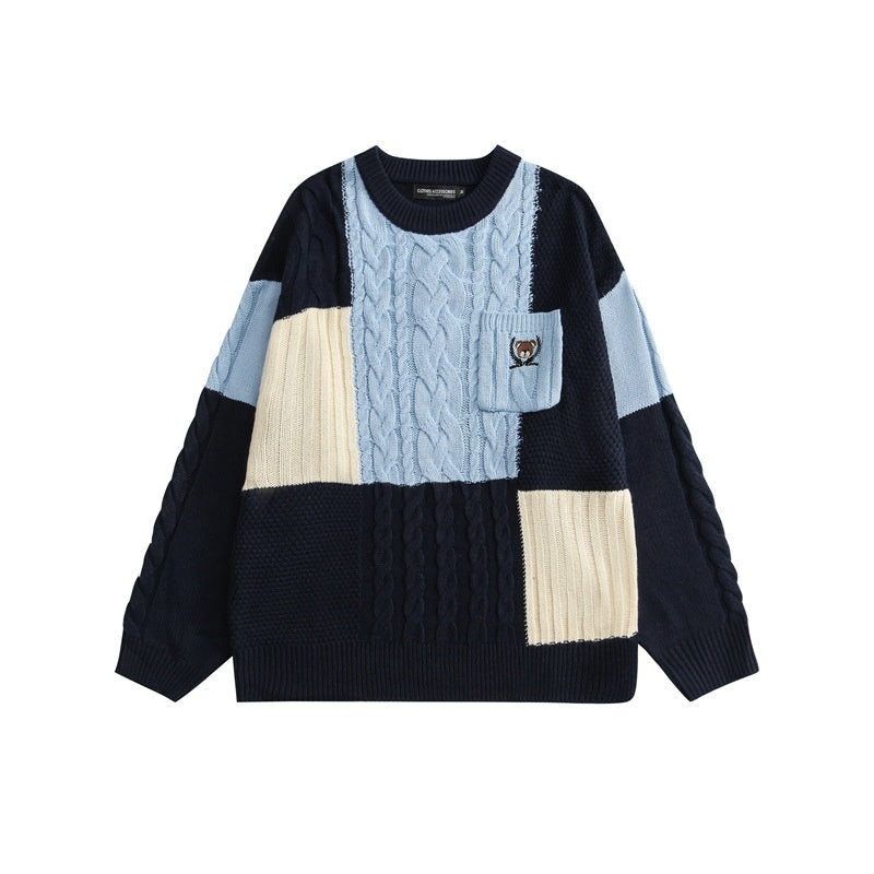 Color Matching Long Sleeve Round Neck Couple Wear Cable-knit Sweater Women