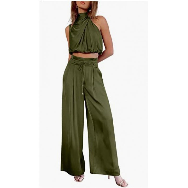 Sleeveless Suit Midriff-baring Top And Wide Leg Pants