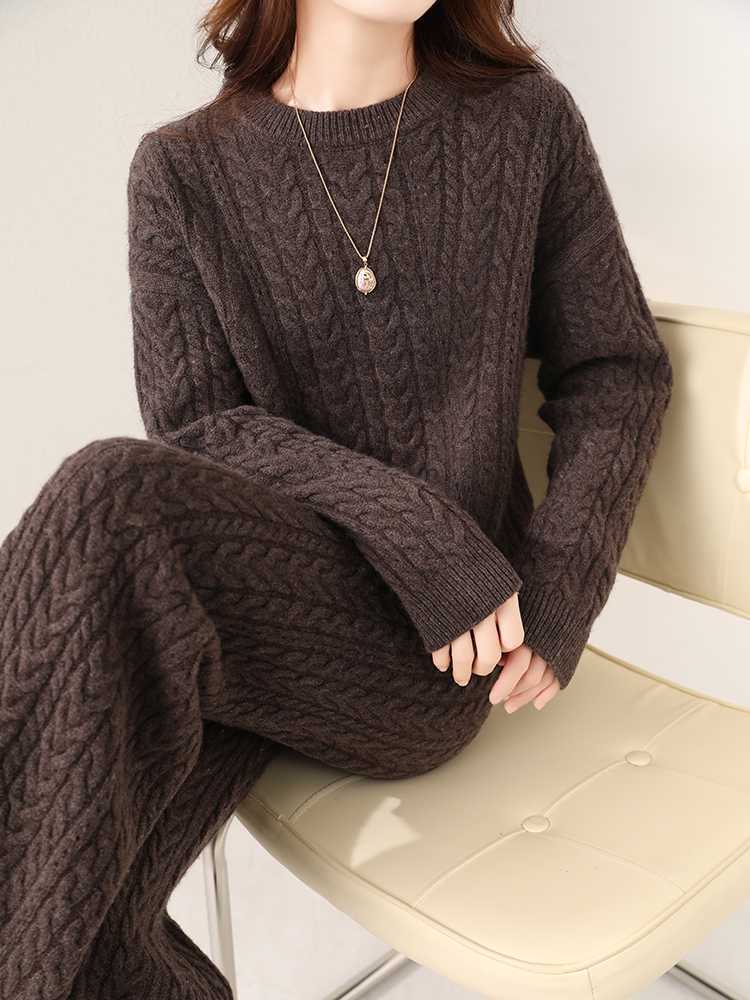 Autumn And Winter New Round Neck Pure Wool Sweater Women's Loose Slimming Twisted Thickened Sweater Trousers Suit