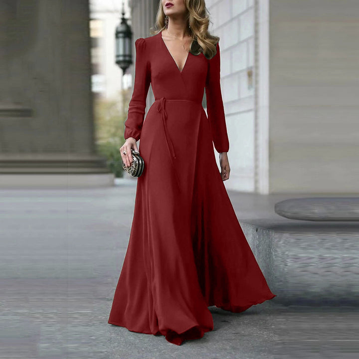 spring European and American dress solid color V-neck