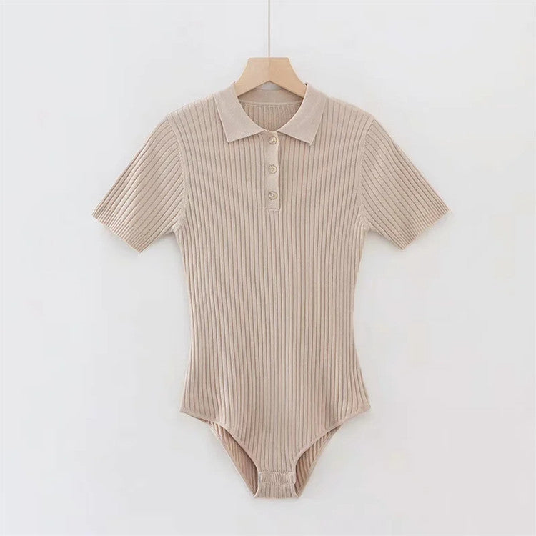 polo collar short sleeve knitted jumpsuit