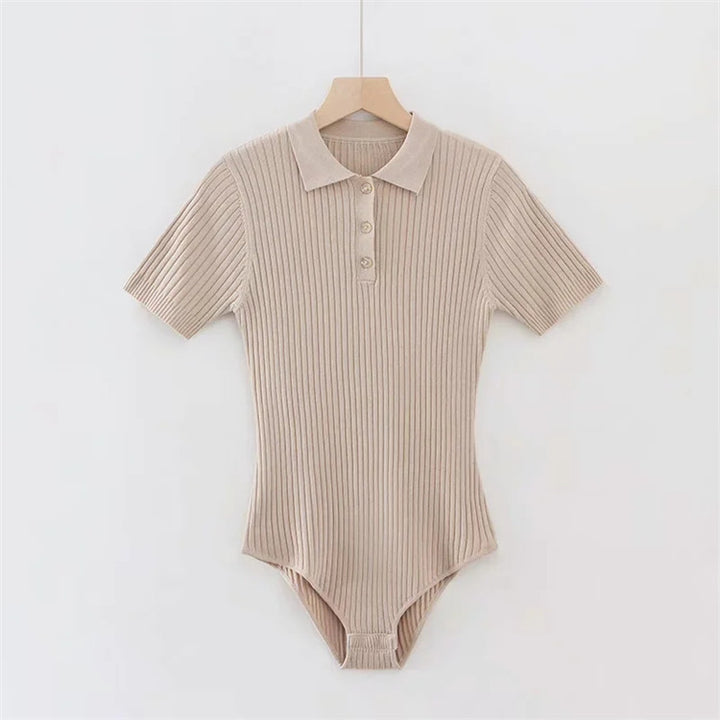 polo collar short sleeve knitted jumpsuit
