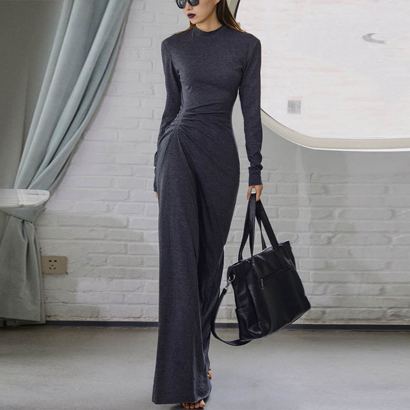 New Casual High Waist Slim Sim Stretch Super Long T-Shirt Skirt Temperament Light Mature Tight-Fitting Long-Sleeved Pleated Dress