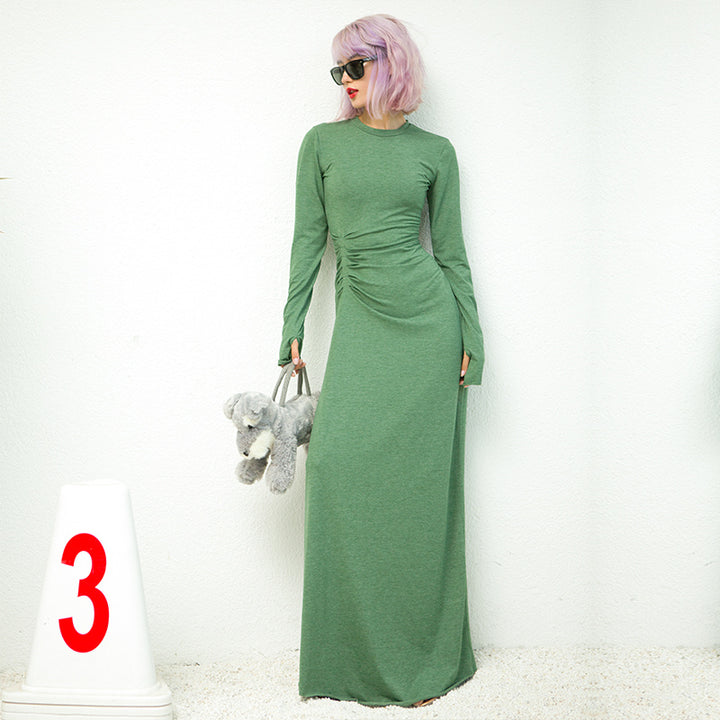New Casual High Waist Slim Sim Stretch Super Long T-Shirt Skirt Temperament Light Mature Tight-Fitting Long-Sleeved Pleated Dress