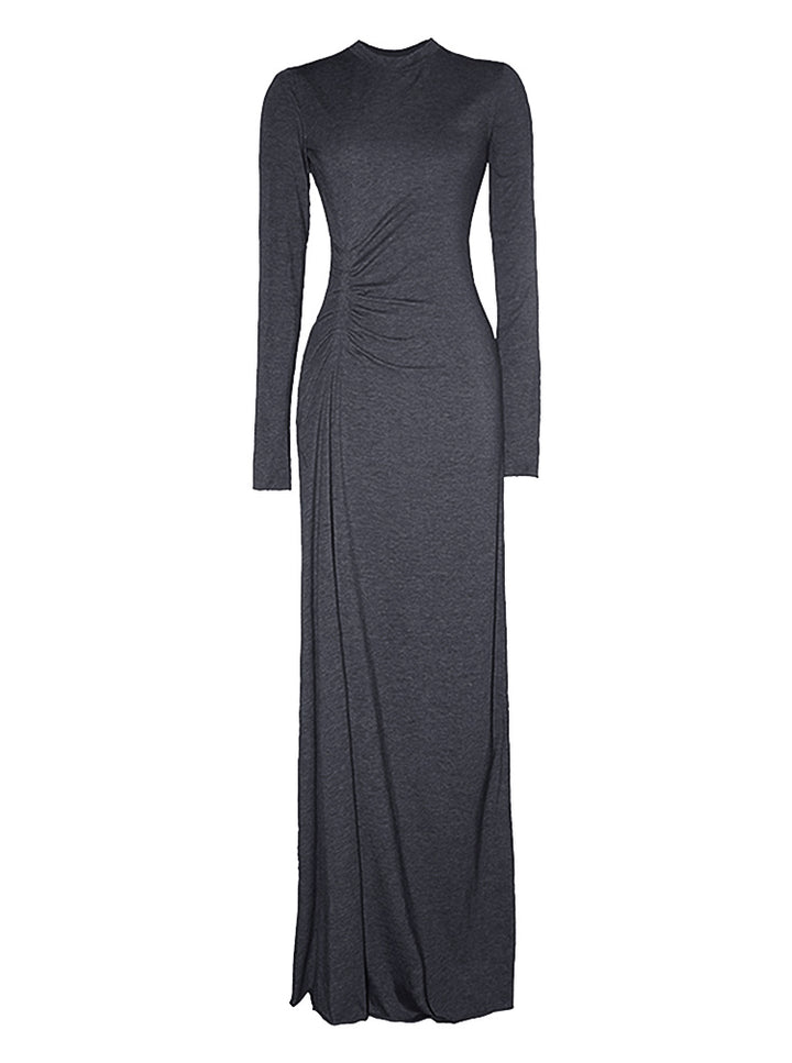 New Casual High Waist Slim Sim Stretch Super Long T-Shirt Skirt Temperament Light Mature Tight-Fitting Long-Sleeved Pleated Dress
