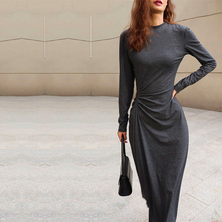 New Casual High Waist Slim Sim Stretch Super Long T-Shirt Skirt Temperament Light Mature Tight-Fitting Long-Sleeved Pleated Dress