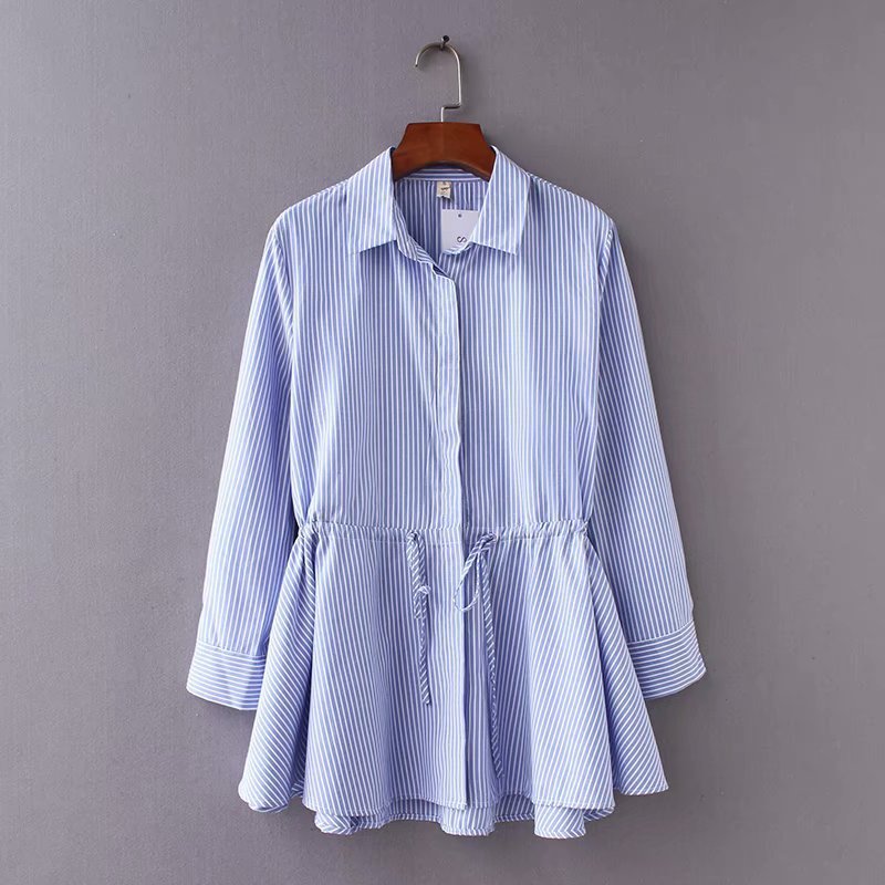 New Style Waist Drawstring Striped Shirt Women