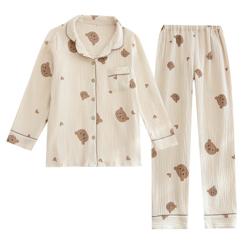 Crepe Bear Love Couple Long Pajama Suit