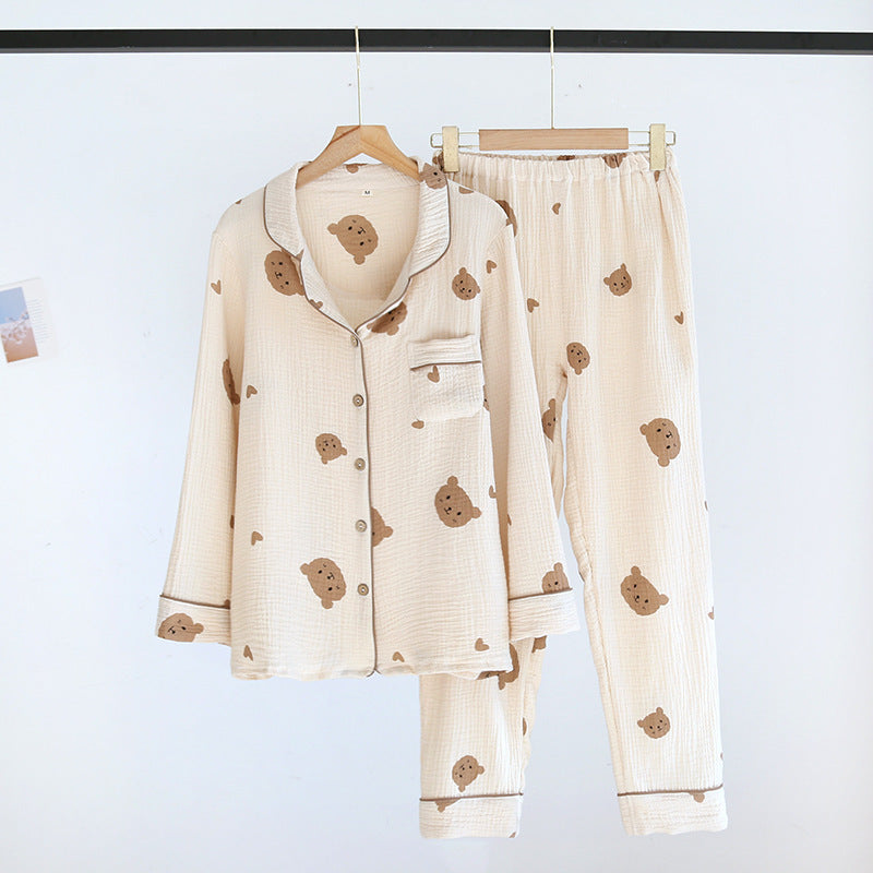 Crepe Bear Love Couple Long Pajama Suit