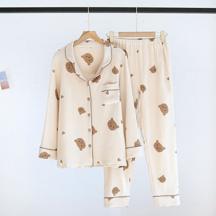 Crepe Bear Love Couple Long Pajama Suit