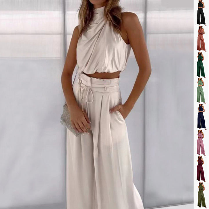 Sleeveless Suit Midriff-baring Top And Wide Leg Pants