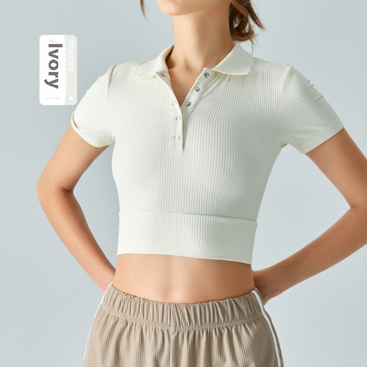 Shoulder Polo Collar Yoga Short-sleeved T-shirt