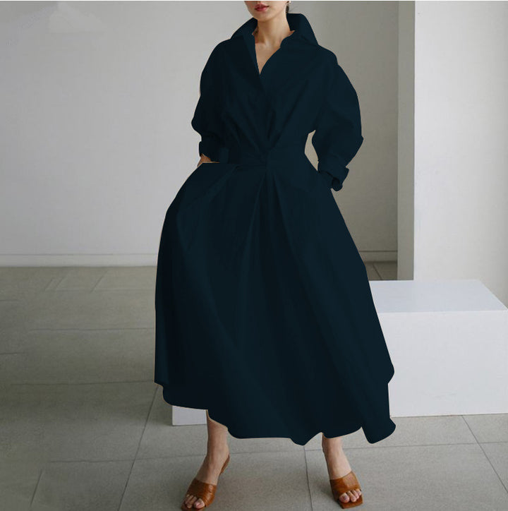 Temperament Commuter Cotton Hemp Clean Color Flip Collar POLO Collar Shirt Sleeves Elastic Waist Big Swing Dress