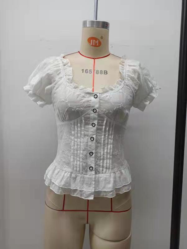 Embroidered Chest Pleated Drawstring Discount Lace-up Stretchy Sleeves Top
