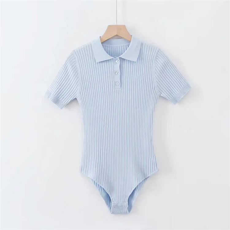 polo collar short sleeve knitted jumpsuit