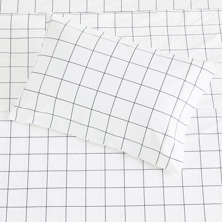 Grid Printed Cotton Percale Sheet Set