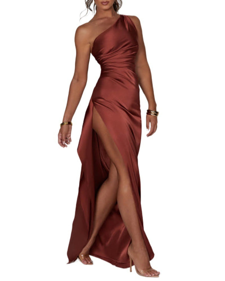 Slim-fit Slant Shoulder Split Satin Dress