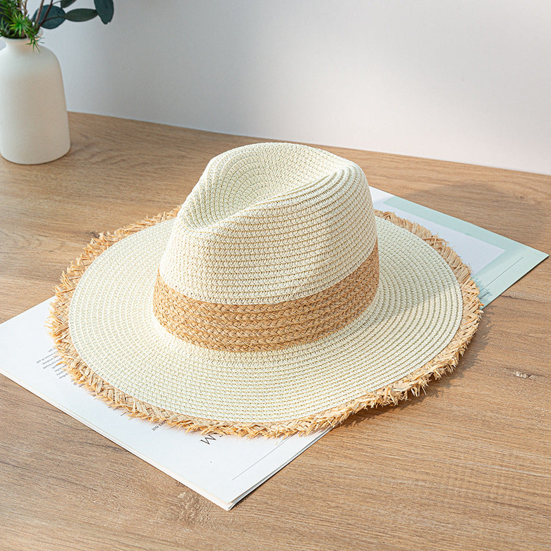 Retro Color Matching Raw Edge Straw Hat
