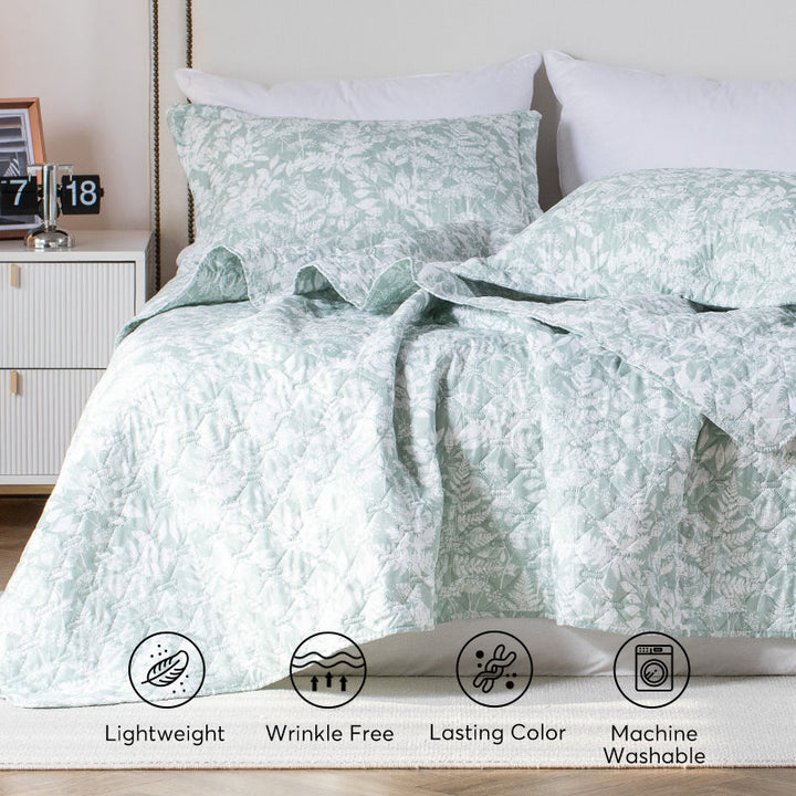 Kasentex Lightweight Botanical Green Floral Quilt Set - Light All Season Bedding, Room Decor, Graduation Gifts