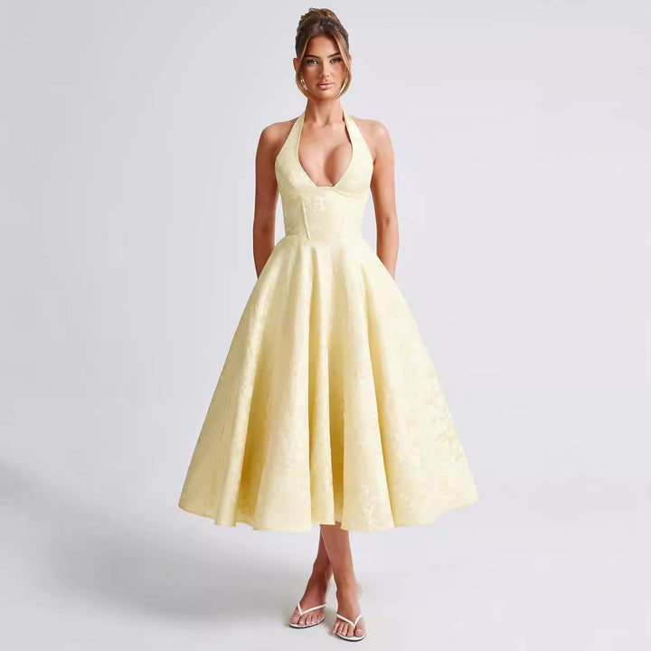 V-neck Halter Sleeveless Jacquard Lace-up Waist Vacation Style Long Senior Dress