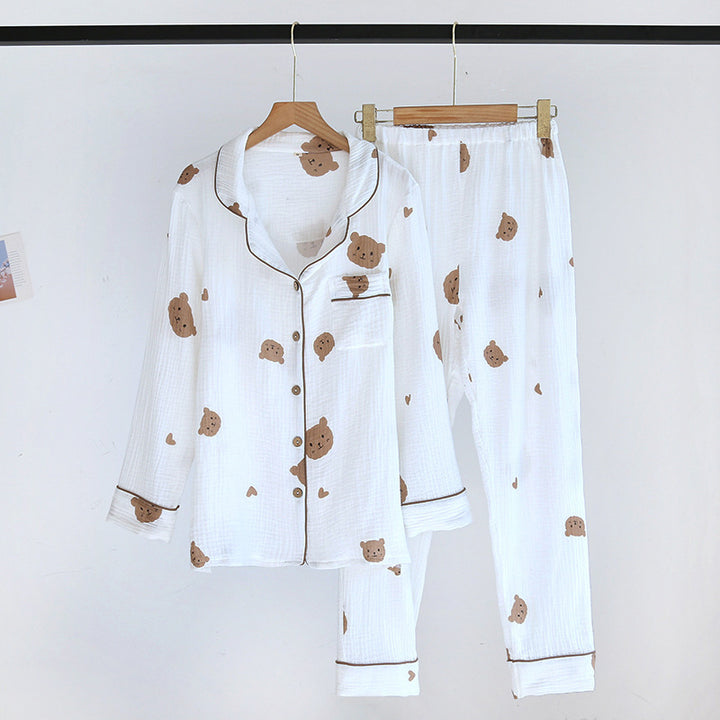 Crepe Bear Love Couple Long Pajama Suit