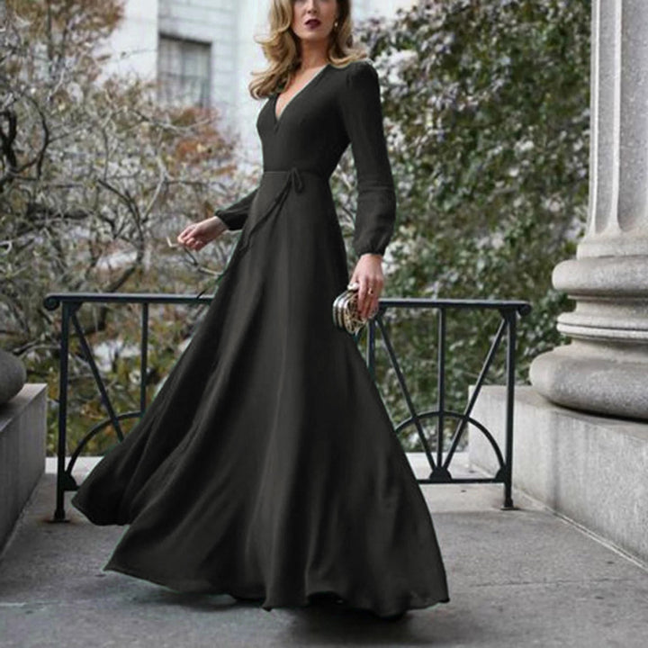 spring European and American dress solid color V-neck
