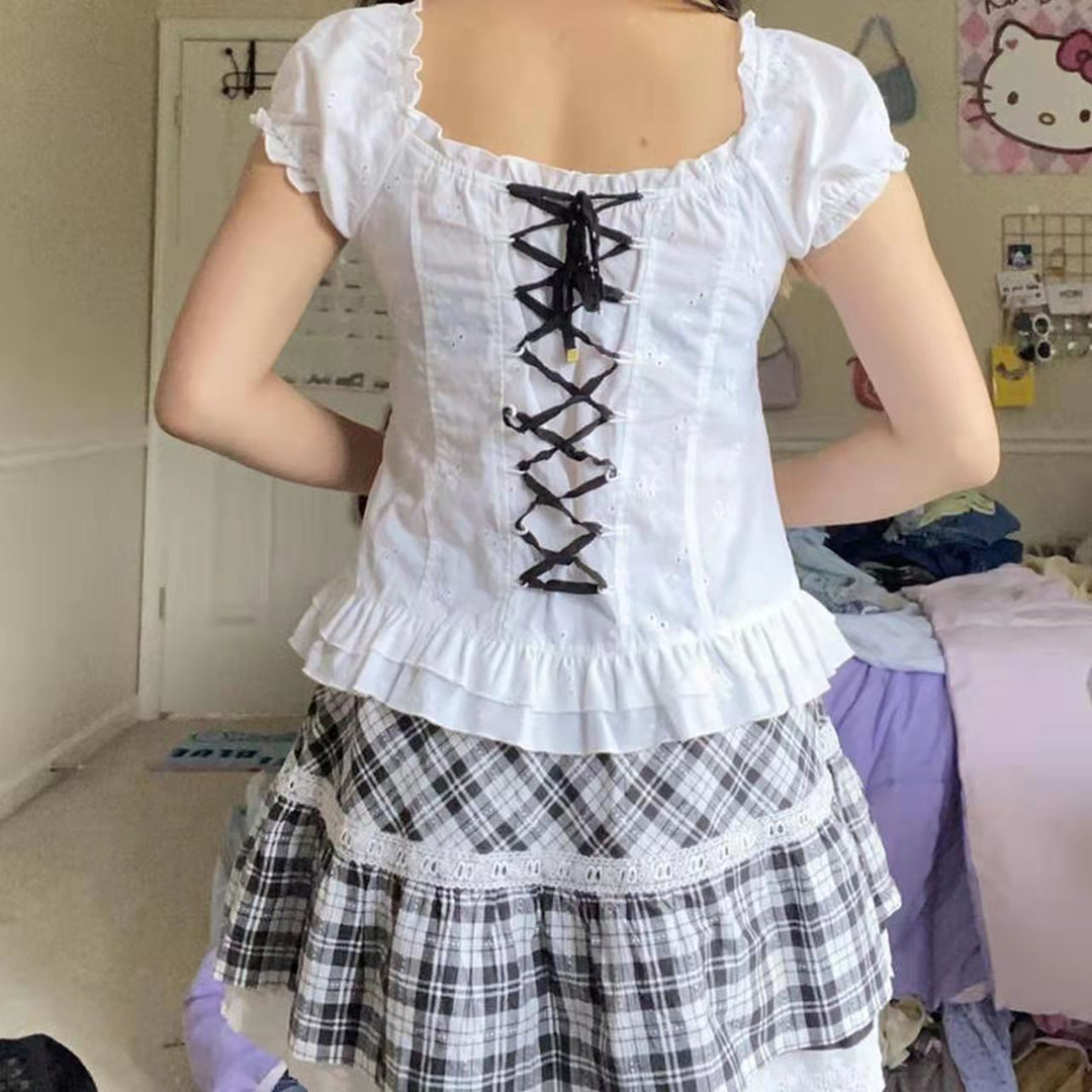 Embroidered Chest Pleated Drawstring Discount Lace-up Stretchy Sleeves Top