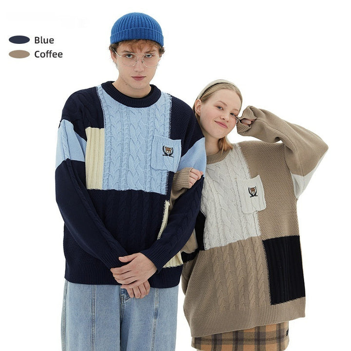 Color Matching Long Sleeve Round Neck Couple Wear Cable-knit Sweater Women