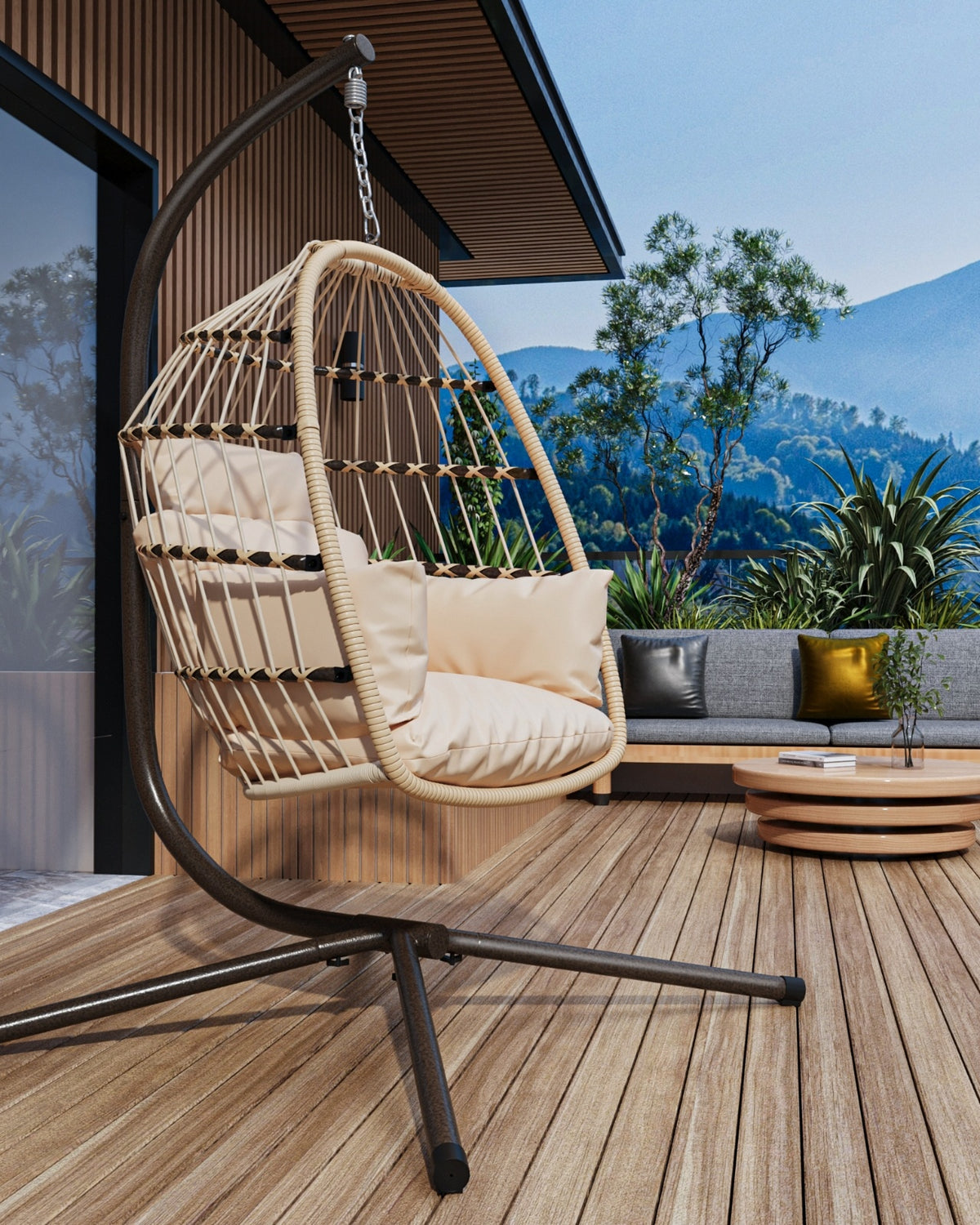 Patio Foldable Hanging Swing Chair With Stand Natural Color