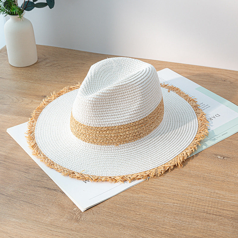 Retro Color Matching Raw Edge Straw Hat