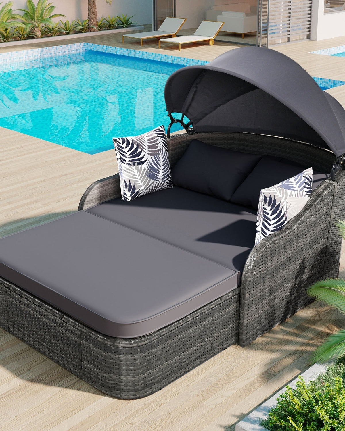 79.9 Outdoor Sunbed With Adjustable Canopy, Double Lounge, PE Rattan, Gray