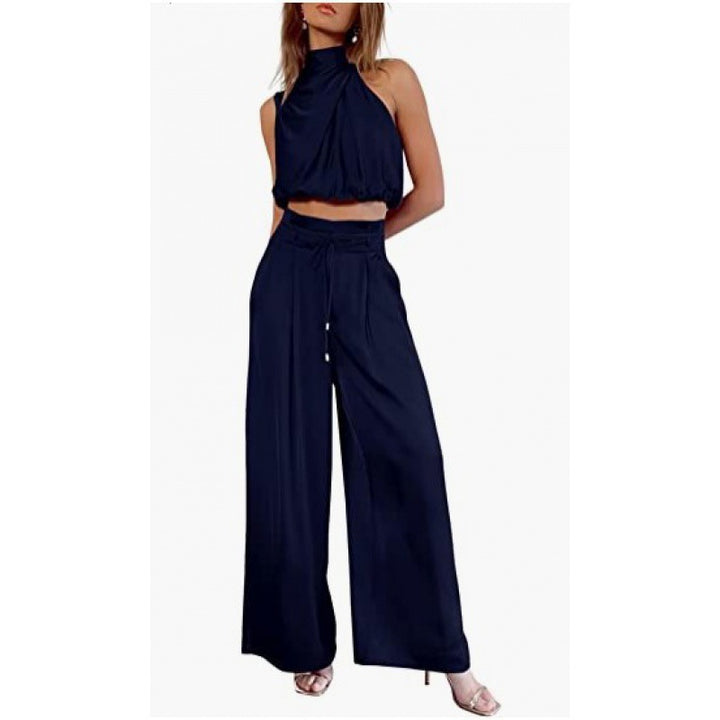 Sleeveless Suit Midriff-baring Top And Wide Leg Pants