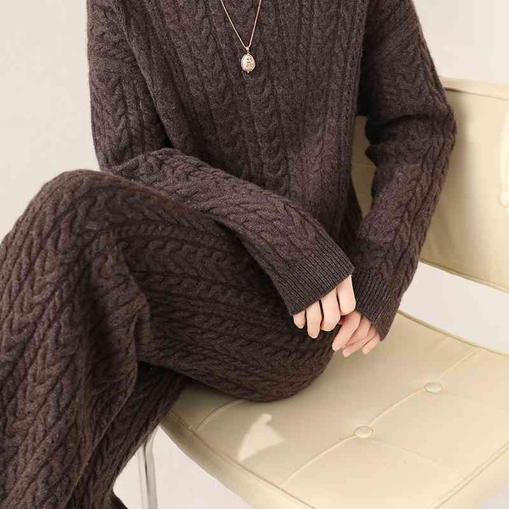 Autumn And Winter New Round Neck Pure Wool Sweater Women's Loose Slimming Twisted Thickened Sweater Trousers Suit