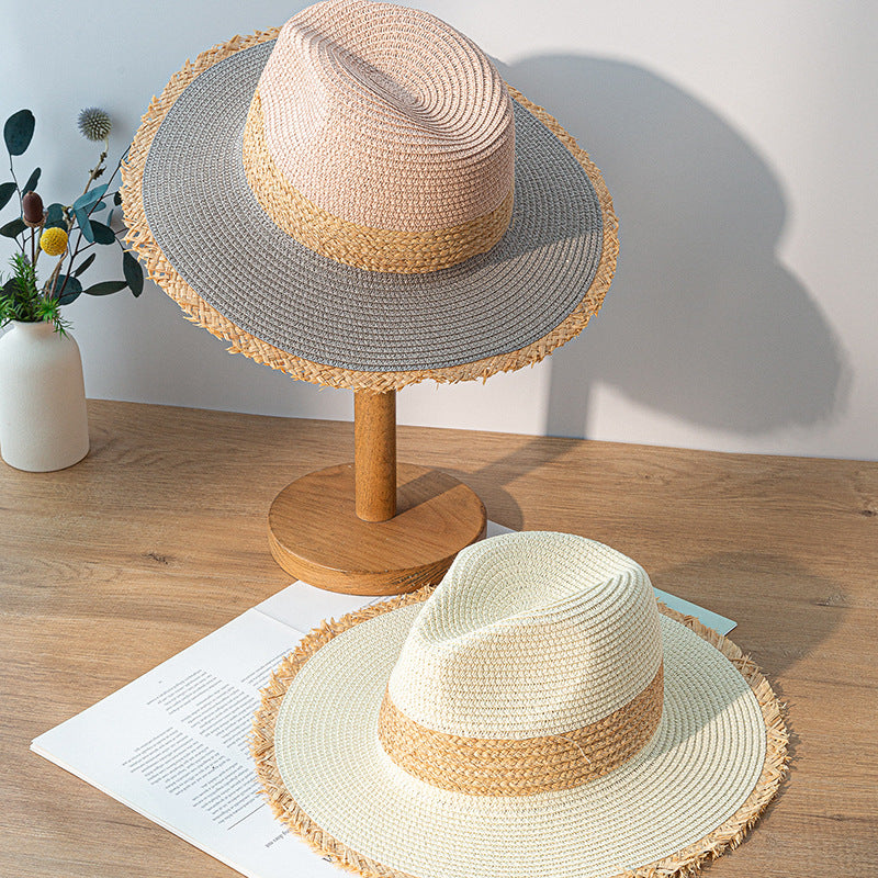 Retro Color Matching Raw Edge Straw Hat