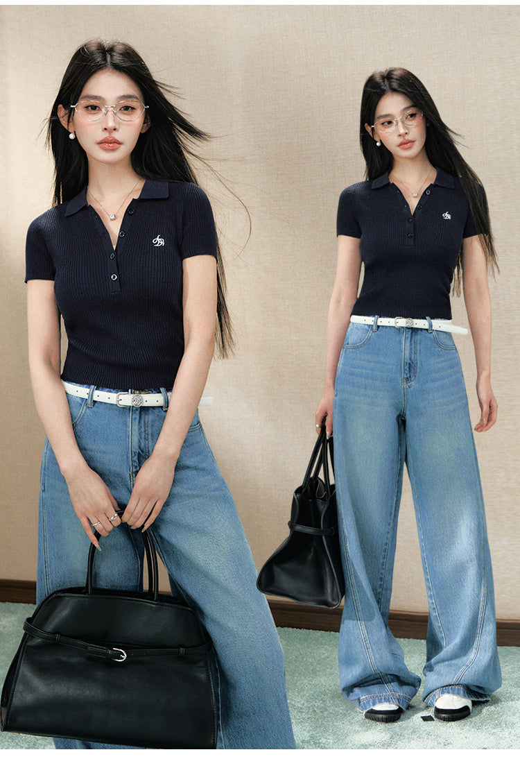 Knitted Preppy Style Polo Collar Tencel Linen Short Sleeve