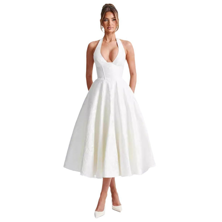 V-neck Halter Sleeveless Jacquard Lace-up Waist Vacation Style Long Senior Dress
