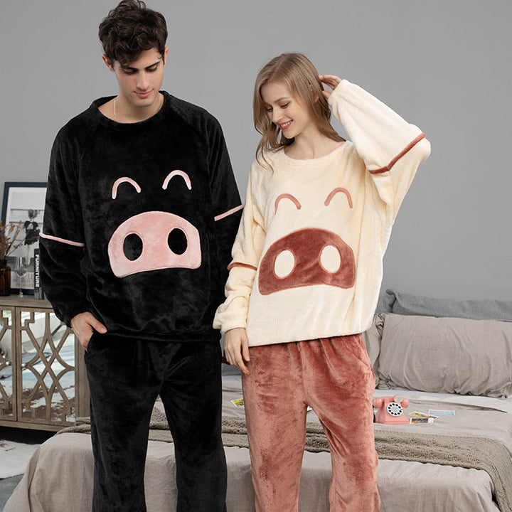 Flannel Couple Pajamas Cartoon Round Neck Pullover
