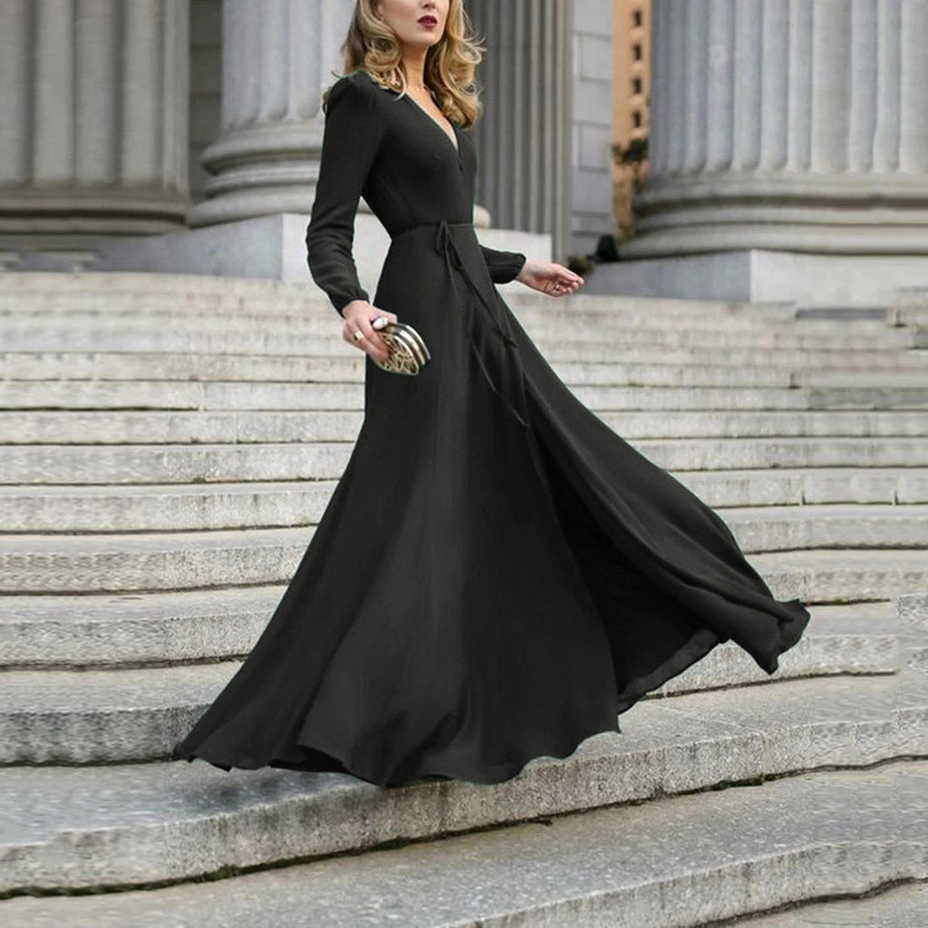 spring European and American dress solid color V-neck