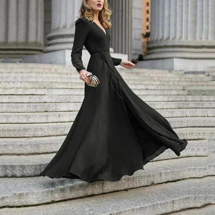 spring European and American dress solid color V-neck