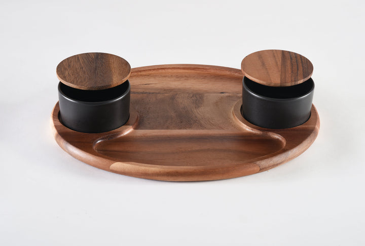 Charcuterie / Serving Tray w/ 2 Ceramic Bowls w/ Lids