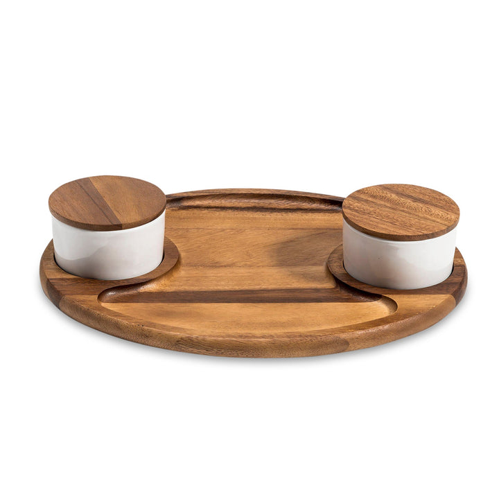 Charcuterie/ Serving Tray w/ 2 ceramic bowls w/ lids