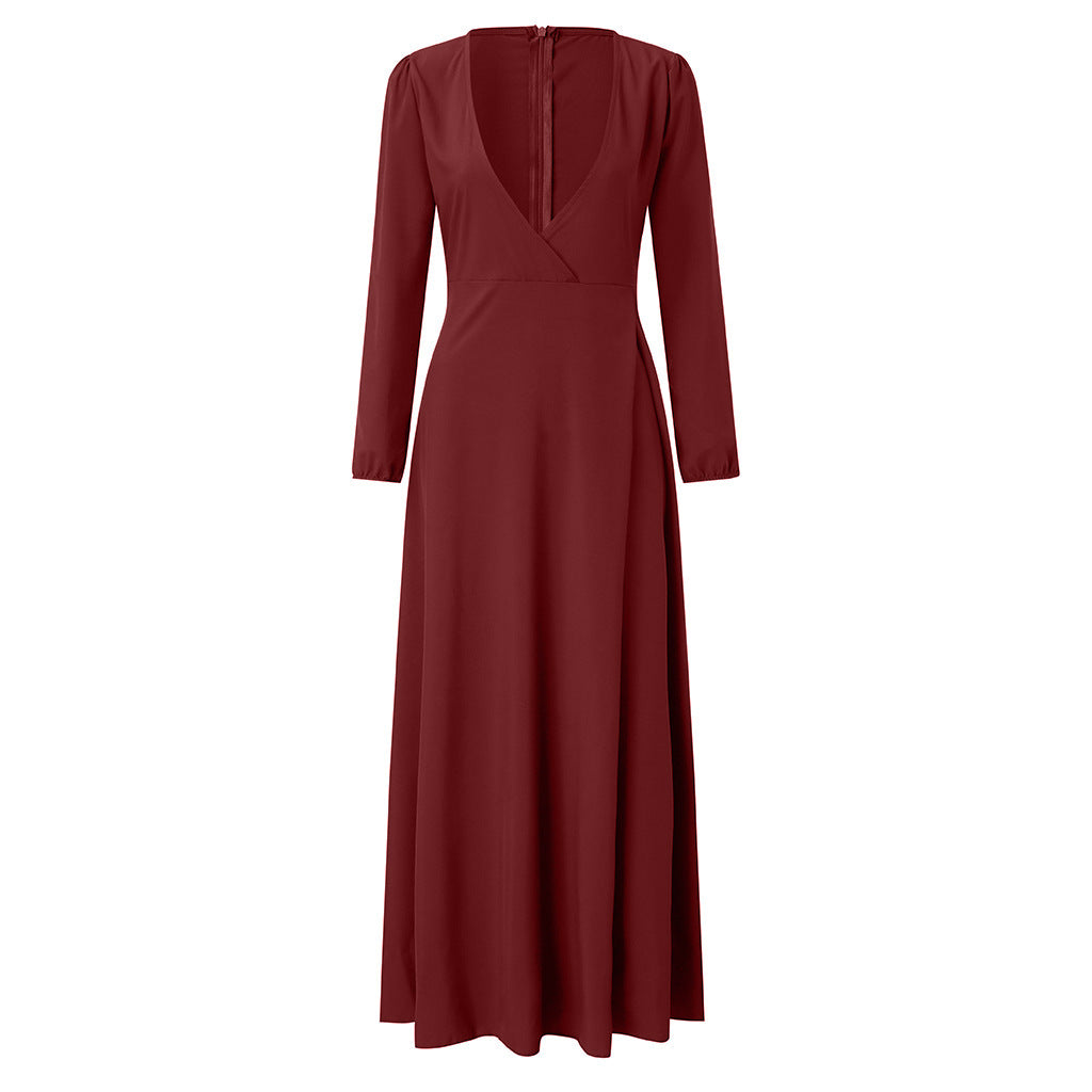 spring European and American dress solid color V-neck