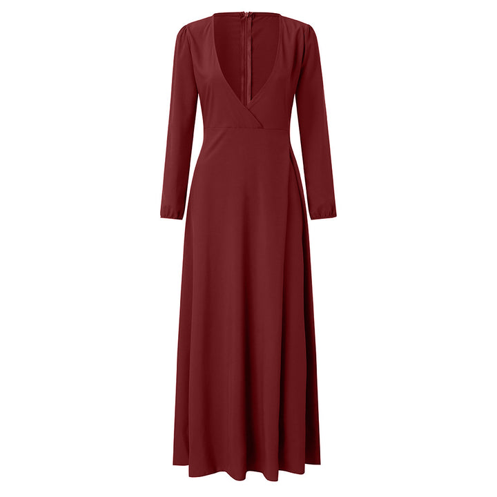 spring European and American dress solid color V-neck