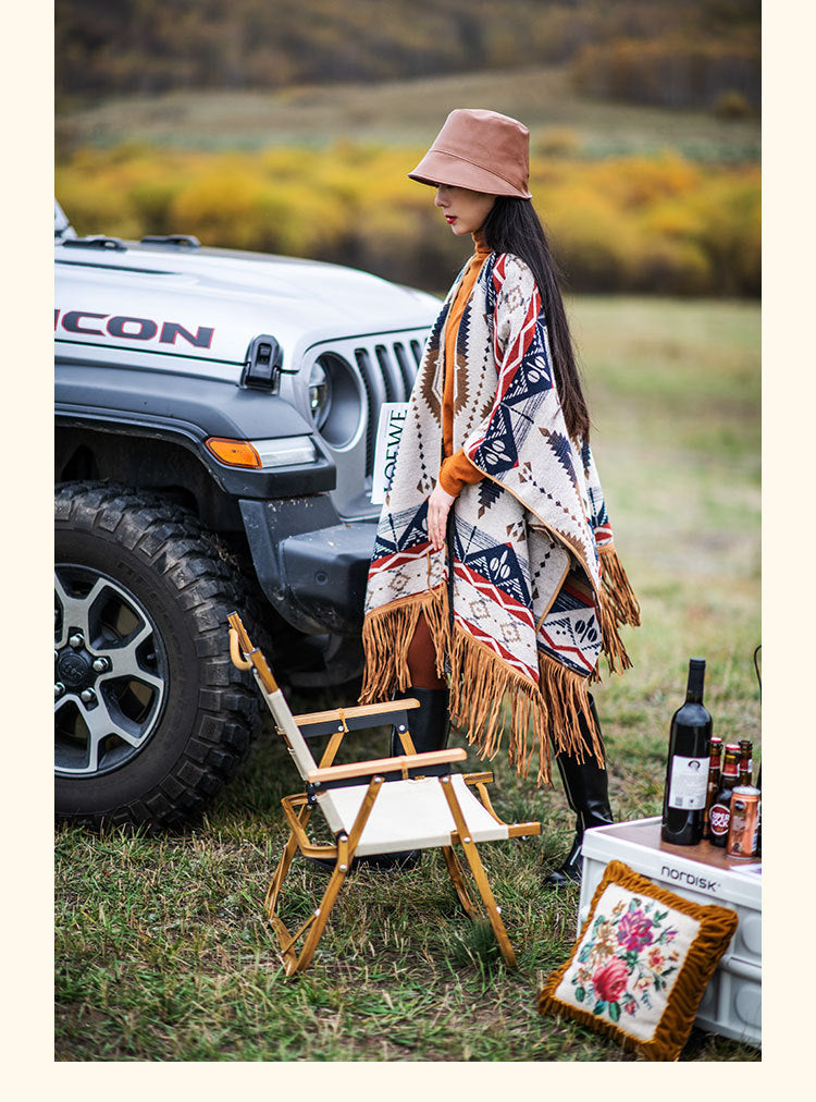 Ethnic Style Woolen Vintage Print Tassel Cape And Shawl Coat