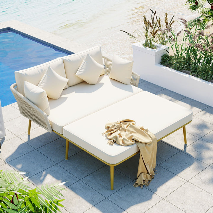 TOPMAX Outdoor Patio Daybed, Nylon Rope Backrest, Washable Cushions